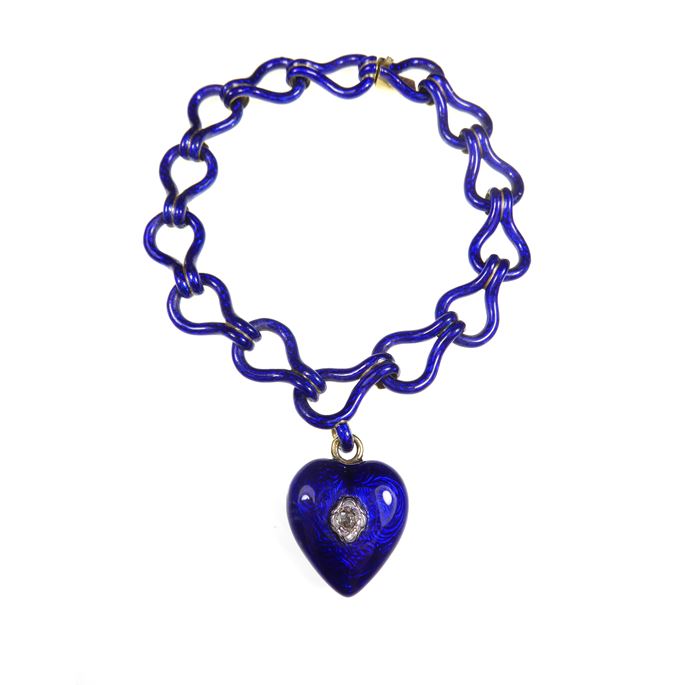 Blue guilloche enamel and gold bracelet and heart charm pendant | MasterArt